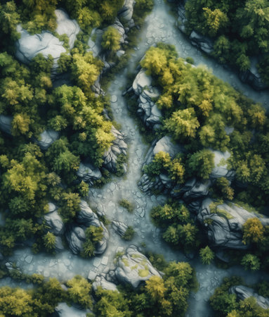 Aerial view of a river in the middle of a forest.の素材