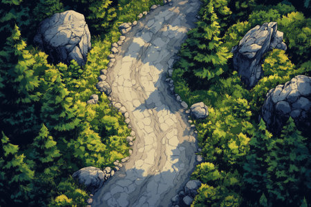 3D rendering of a mountain landscape with a winding road in the forestの素材