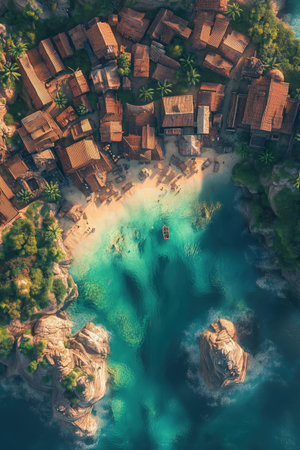 Aerial view of beautiful tropical beach with turquoise water at sunset.の素材