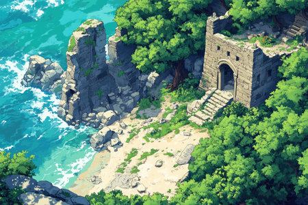 Ruins of ancient fortress on the seashore. 3d renderの素材