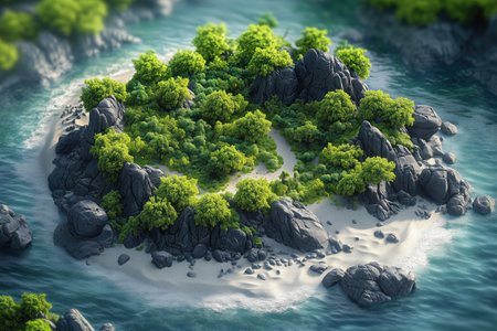 Fantasy island with green trees in the ocean. 3d renderの素材