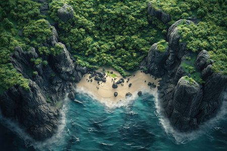 Aerial view of tropical island in ocean. 3D Renderingの素材