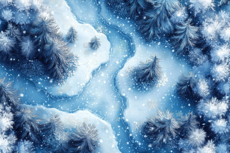 Frozen winter forest with snow covered trees. Top view. 3d renderingの素材