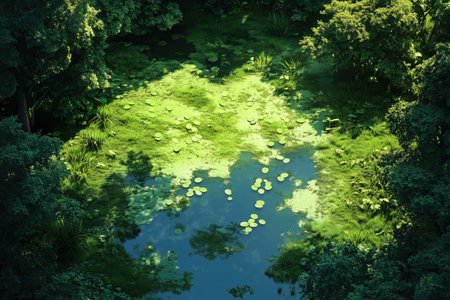 3d render of a pond in the forest with lotus leavesの素材
