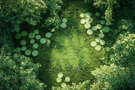 Top view of green grass with lotus leaf in the garden.の素材