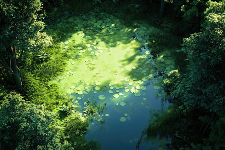 Beautiful pond in the forest with lily pads and green leavesの素材