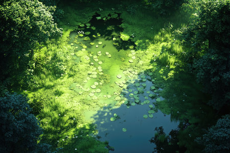 Green pond with water lilies and ferns, 3d renderの素材