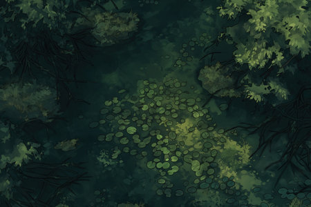 3d illustration of a green forest with trees, leaves and waterの素材