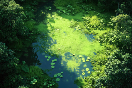 Aerial view of a pond with water lilies and green vegetationの素材