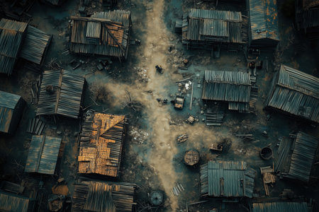 Aerial view of old wooden houses in the countryside of Thailand.の素材