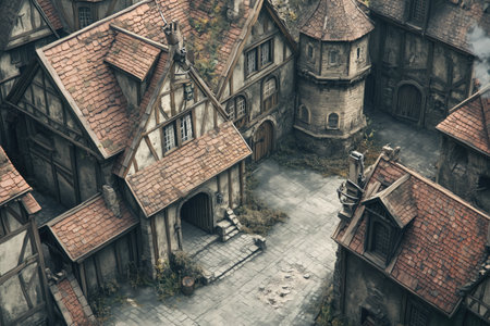 Aerial view of a medieval castle in the middle of the forestの素材