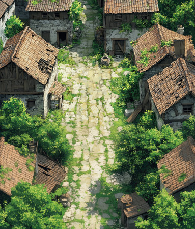Aerial view of old wooden houses in a small village, Europeの素材