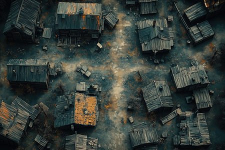 Old wooden houses in the village. Top view. 3d renderingの素材