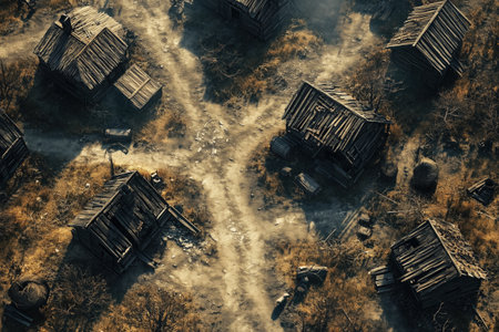 Aerial view of abandoned wooden houses in the fog. Rural landscape.の素材