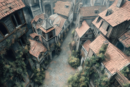 Fantasy image of a medieval town. 3D Rendering.の素材