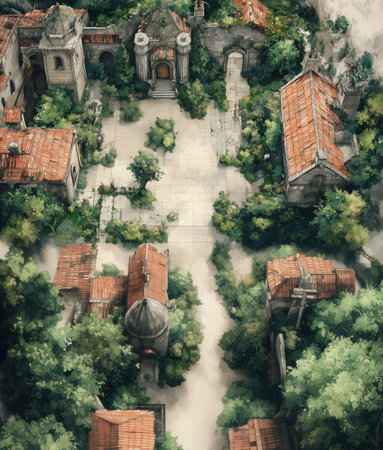 Digital painting of an old town with a church in the background.の素材