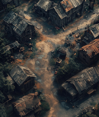 Aerial view of old wooden houses in the middle of a riverの素材