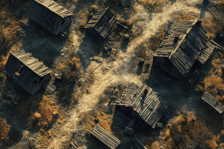 Aerial view of abandoned wooden houses in the middle of the forest.の素材