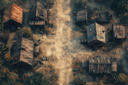 Aerial view of old wooden houses in foggy autumn forest.の素材
