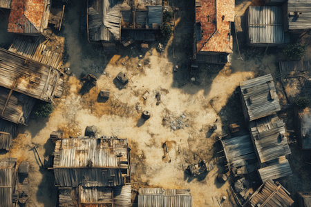 Aerial view of old wooden houses in a small village. View from above.の素材