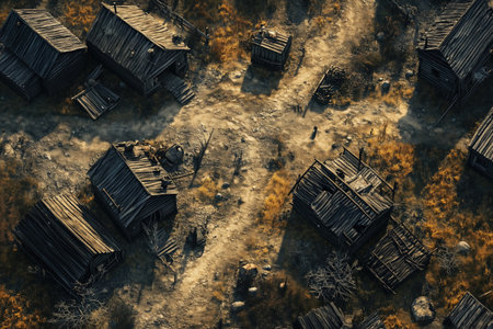Aerial view of old abandoned wooden houses in the autumn forest.の素材