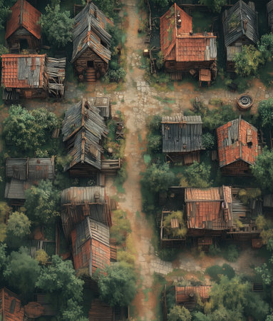 Aerial view of wooden houses in the middle of a forest.の素材