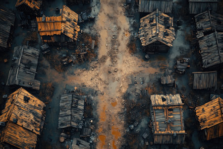 Aerial view of abandoned wooden houses in the middle of a riverの素材