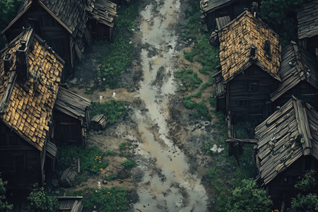 Abandoned wooden houses in the middle of a small river.の素材