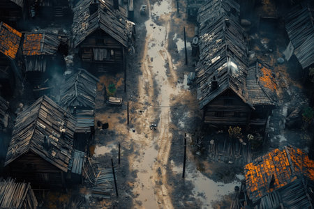 Abandoned village in the middle of the forest, aerial viewの素材