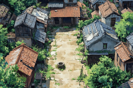 Aerial view of old wooden houses in bulgarian village.の素材