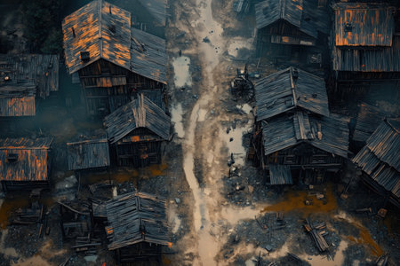 Aerial view of wooden houses in a burnt village after fire.の素材
