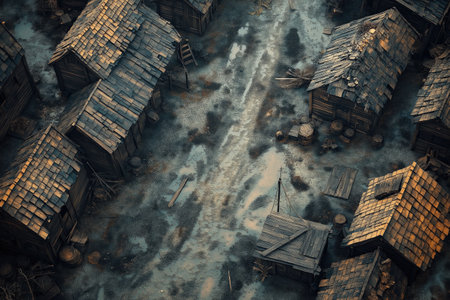 Aerial view of old wooden houses in a foggy day.の素材