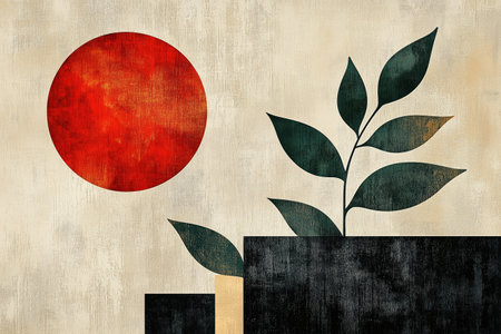 Grunge japanese flag with sprout drawing illustration.の素材