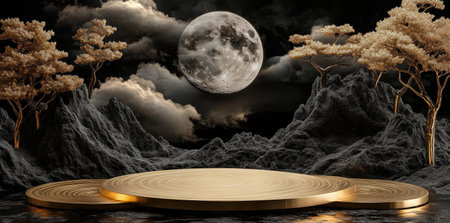 3d render of podium for product display with forest and full moon backgroundの素材