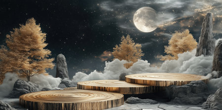 Wooden podium on the background of the night sky. 3d renderingの素材