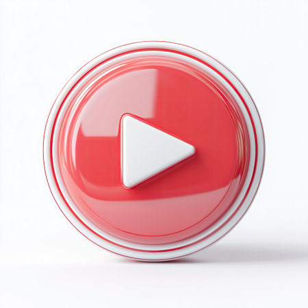 Play button on white background. 3d rendering. Red button.の素材