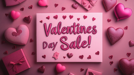 Valentines day sale concept with hearts and gift box on pink backgroundの素材