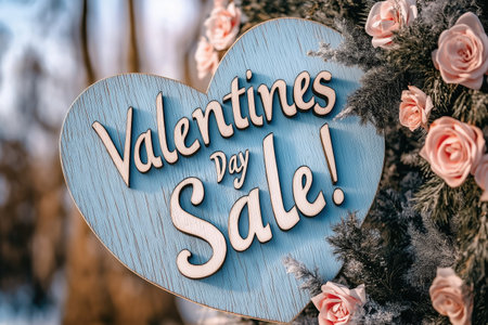 Valentines day sale sign on the background of the branches of a Christmas treeの素材