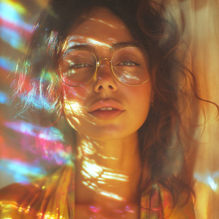 Portrait of young beautiful woman with long curly hair in glasses.の素材