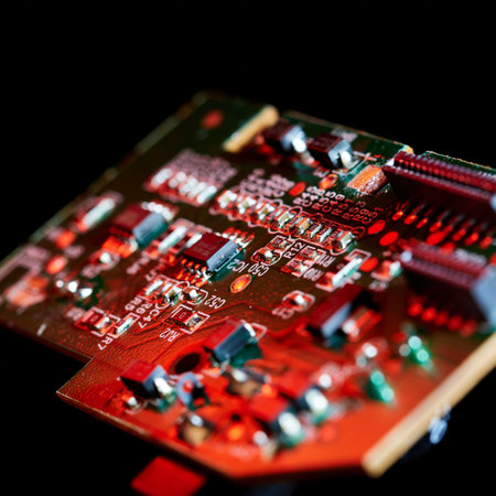 Close up of printed circuit board under red lightingの写真素材
