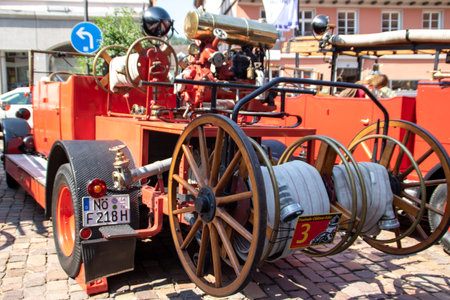 Neckargemuend, Germany: July 16, 2018: Exhibition of old, historical fire engines on the market...