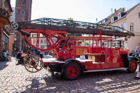 Neckargemuend, Germany: July 16, 2018: Exhibition of old, historical fire engines on the market...