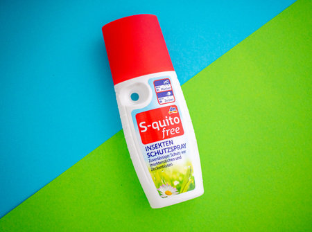 Neckargemuend, Germany: Jan 4, 2021: Bottle of insect repellent spray of the Brand s-quito made for...