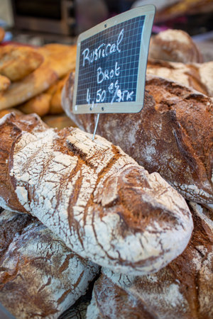 Neckargemuend, Germany: September 6, 2019: Baguette and other breads exhibited at a gourmet market...