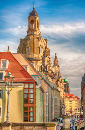 city view of Dresden, Germany with rebuild "Frauenkirche" - German for "church of our lady" in backgroundの写真素材