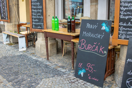 jindrichuv hradec, czech Republic - October 23, 2021: street sale of burcak, the czech word for partially fermented grape must or new young wineのeditorial素材