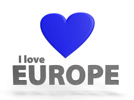 The slogan I love Europe as a 3D rendering with blue heart an Text in metallic opticsの写真素材