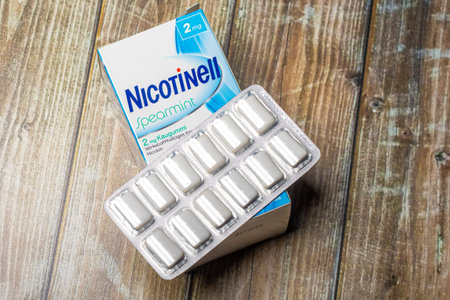 Neckargemuend, Germany: March 05, 2022: Smoking cessation brand Nicotinell nicotine gum packaging...