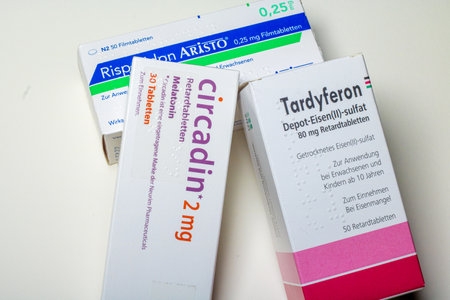 Neckargemuend, Germany: October 06, 2021: Packagings of the prescription drugs Risperidon, Tardyferon and circadinのeditorial素材