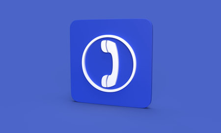 white telephone handset icon as template for communication on rounded rectangle against blue background. 3D renderingの写真素材